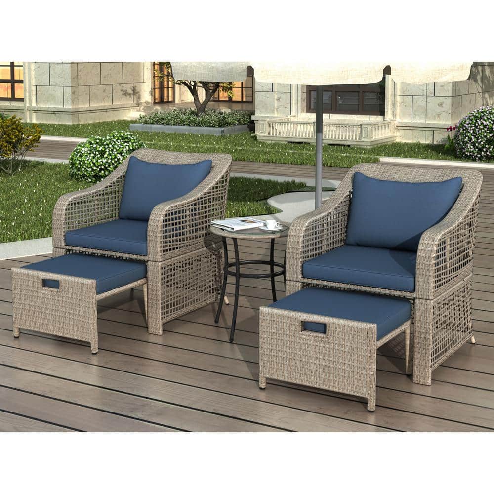 Brown 5-Piece Wicker Patio Conversation Sectional Seating Set with Blue Cus