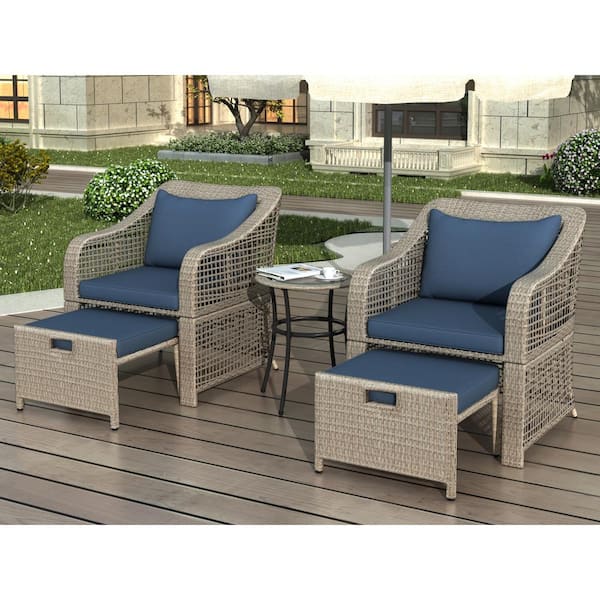 GOSHADOW Brown 5-Piece Wicker Patio Conversation Sectional Seating Set with Blue Cushions, Stools Tempered Glass Table Bistro Set