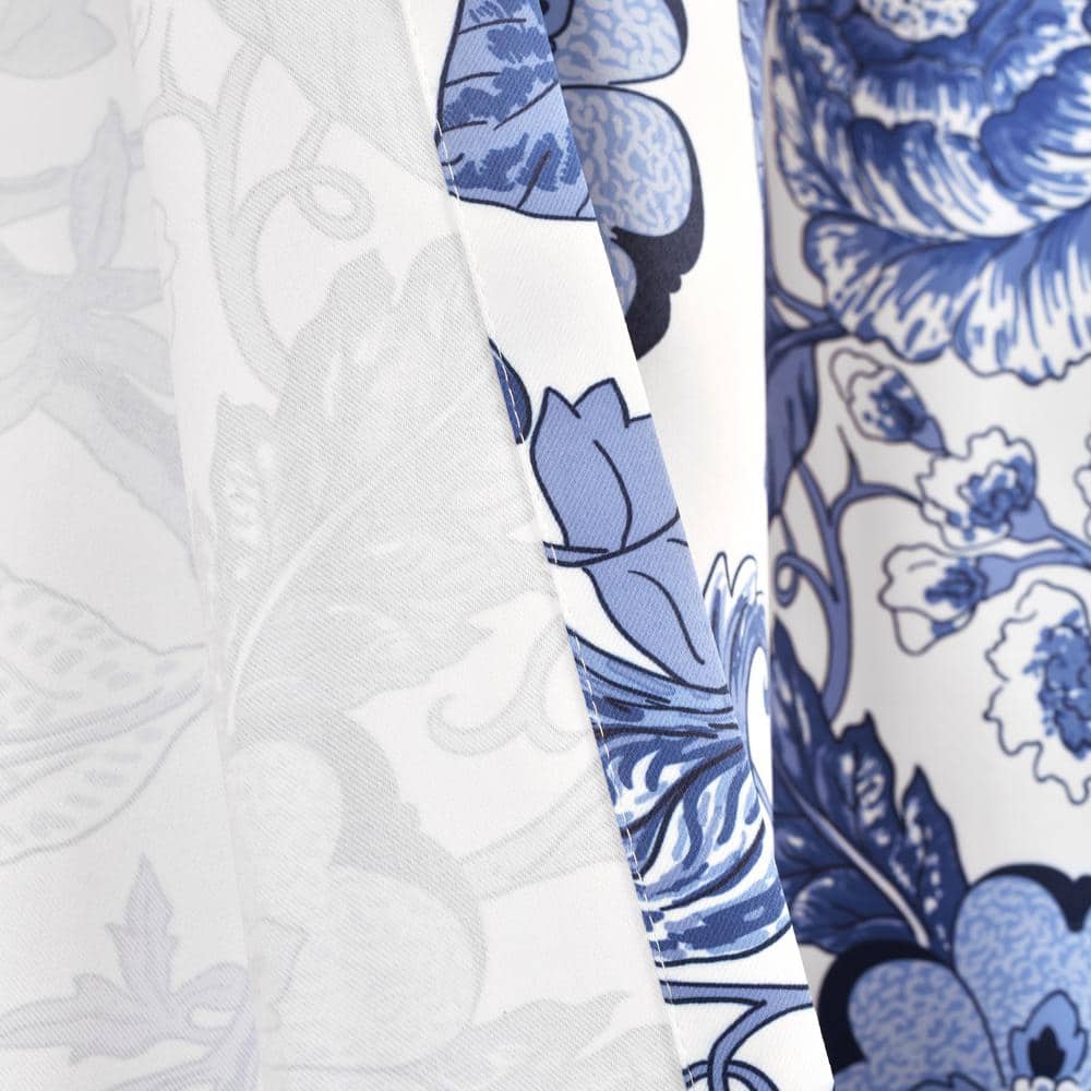 Navy and White Floral Blackout Polyester Curtains, 52" x 84"