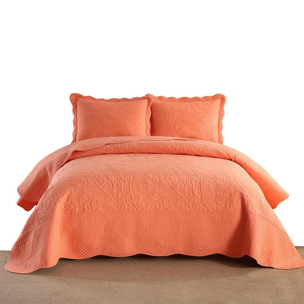 Salmon Cotton Embroidered Queen Size Quilt Bedspread Set