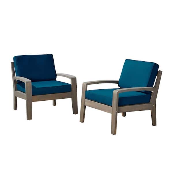 Grenada Grey Removable Cushions Wood Outdoor Patio Lounge Chairs with Dark Teal Cushions (2-Pack)