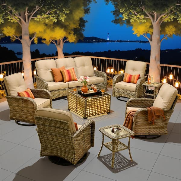 Gerbera F 8-Piece Outdoor Wicker Patio Conversation Set with Swivel Rocking Chairs and Beige Cushions
