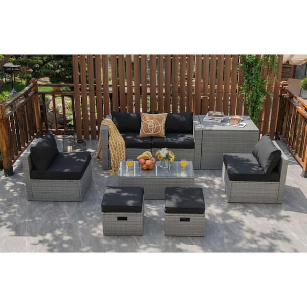 8-Piece Patio Rattan Metal Patio Conversation Set with Cushions in Black and Storage Table