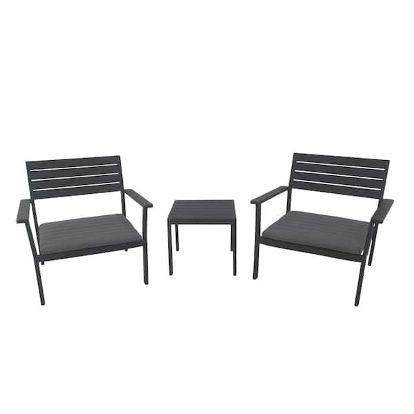 AQQRRA 3-Piece Black Stackable Elegant Metal Patio Outdoor Dining Chair Set with Grey Cushions