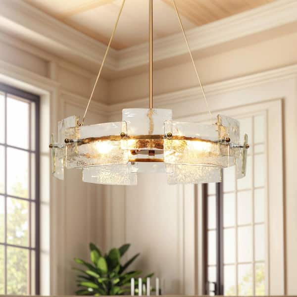 Glacera 6-Light Glass Drum Chandelier with Copper-Tone Finish, Contemporary Pendant Light for Kitchen Island or Entryway