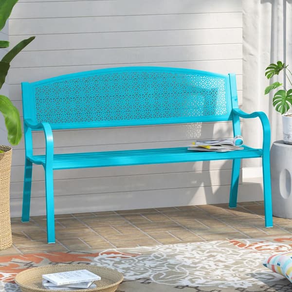 49in 2-Person Blue Metal Outdoor Garden Bench