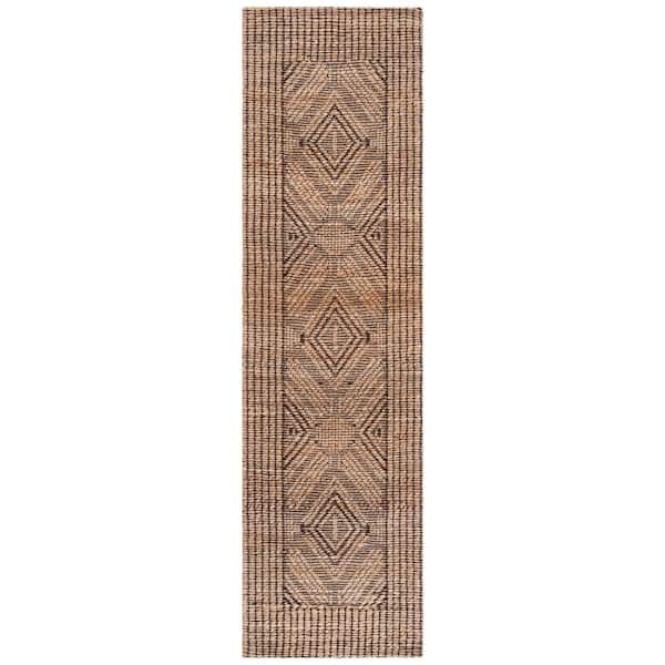 Natural Fiber 2 ft. x 8 ft. Natural/Black Diamond Border Distressed Runner Rug