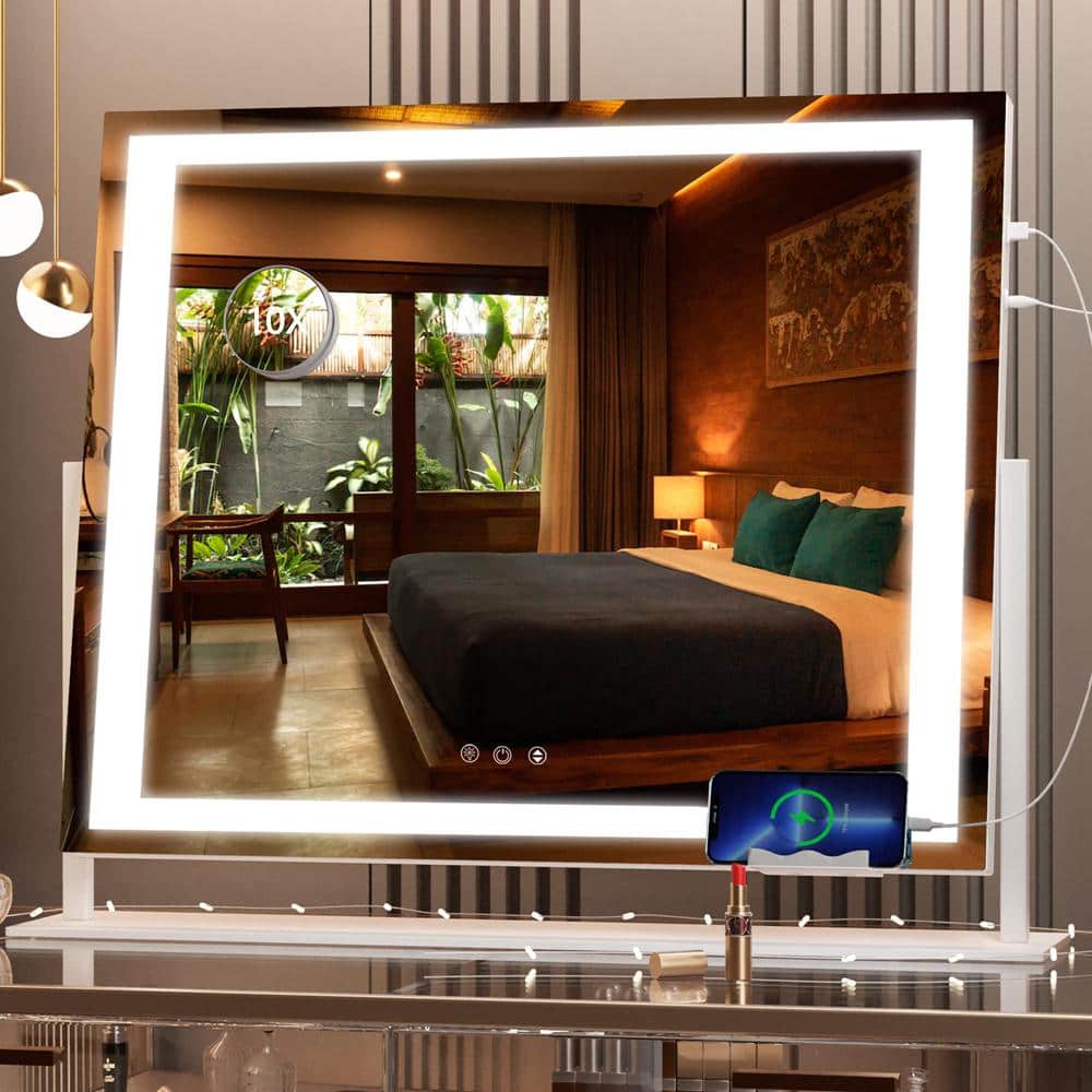 18.9 in. W x 24.2 in. H Square White Frame LED Makeup Mirror, 10X Magnifica