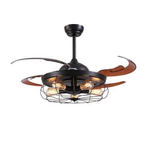 48 in. Indoor Farmhouse Retractable Ceiling Fan with Light Black Caged Ceiling Fan Light with Remote