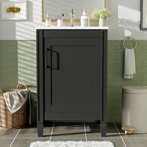 20 in. Single Sink Freestanding Black Bath Vanity with White Ceramic Top, U-Shaped Shelf, Door Racks, Soft Close Door