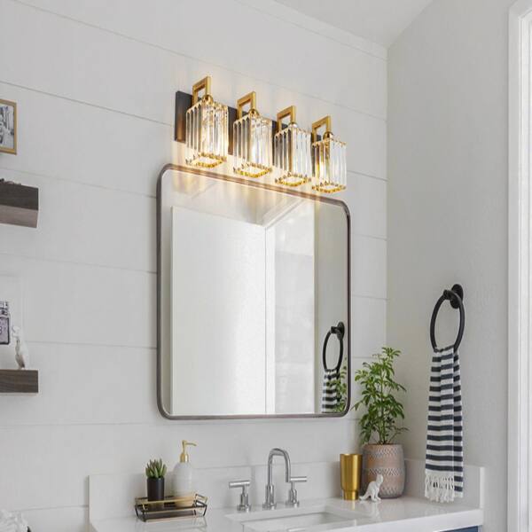 LQXYIQ 28.34 in.4-Light Clear Glass Black Gold Crystal Wall Light