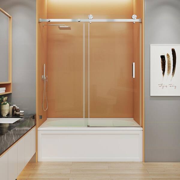 Mcocod 60 In W X 66 In H Single Sliding Frameless Reversible Tub Door In Brushed Nickel With 3 0846