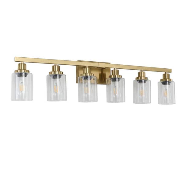 36.9 in. 6 Light Gold Bathroom Vanity Light with Clear Cylinder Glass Shade