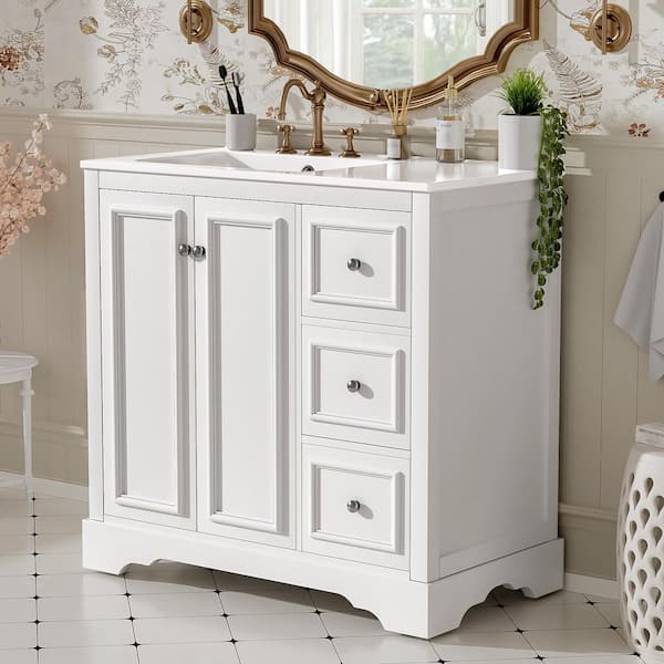 36 in. Single Sink Freestanding White Bath Vanity with White Ceramic Sink Top, bathroom vanity with 2 soft-close doors