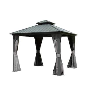 8 ft. x 8 ft. Gray Hardtop Gazebo, Galvanized Steel Double Roof Canopy, Curtain and Netting, Permanent Gazebo Pavilion