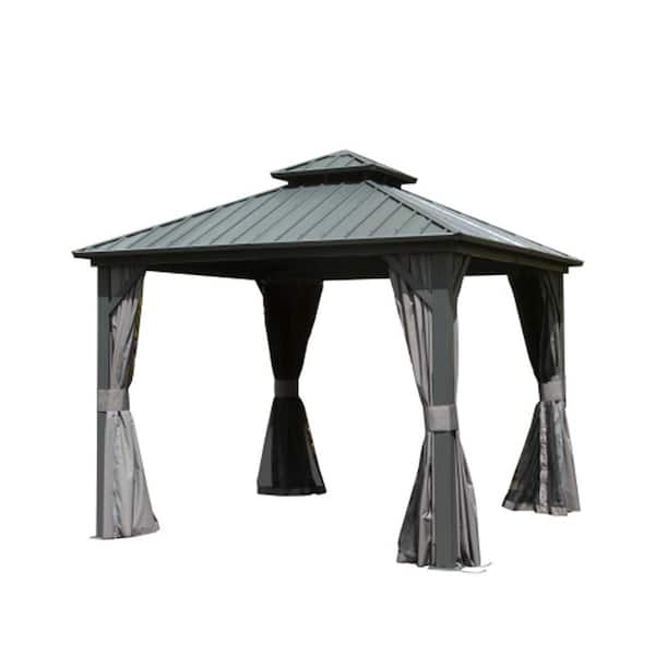 Sudzendf 8 ft. x 8 ft. Gray Hardtop Gazebo, Galvanized Steel Double Roof Canopy, Curtain and Netting, Permanent Gazebo Pavilion