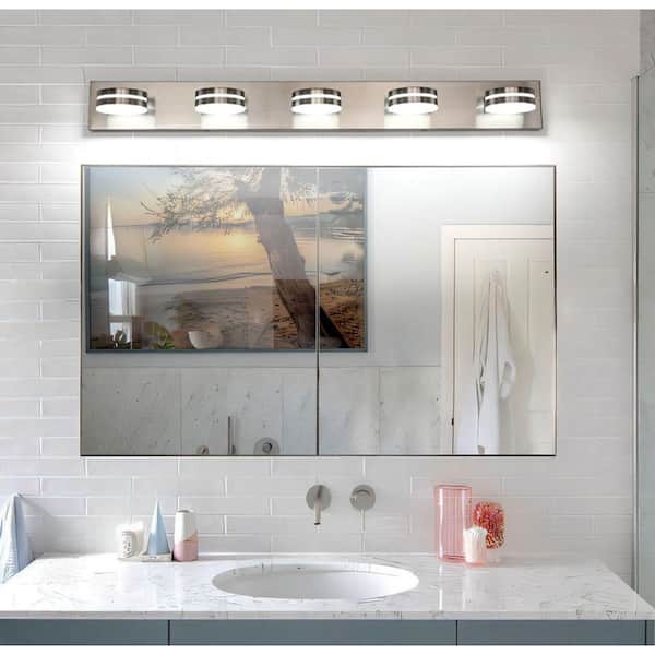 41 in. 5-Light Nickel LED Vanity Light with Dimmable 5500K Light and 270° Swivel Range Acrylic Shade