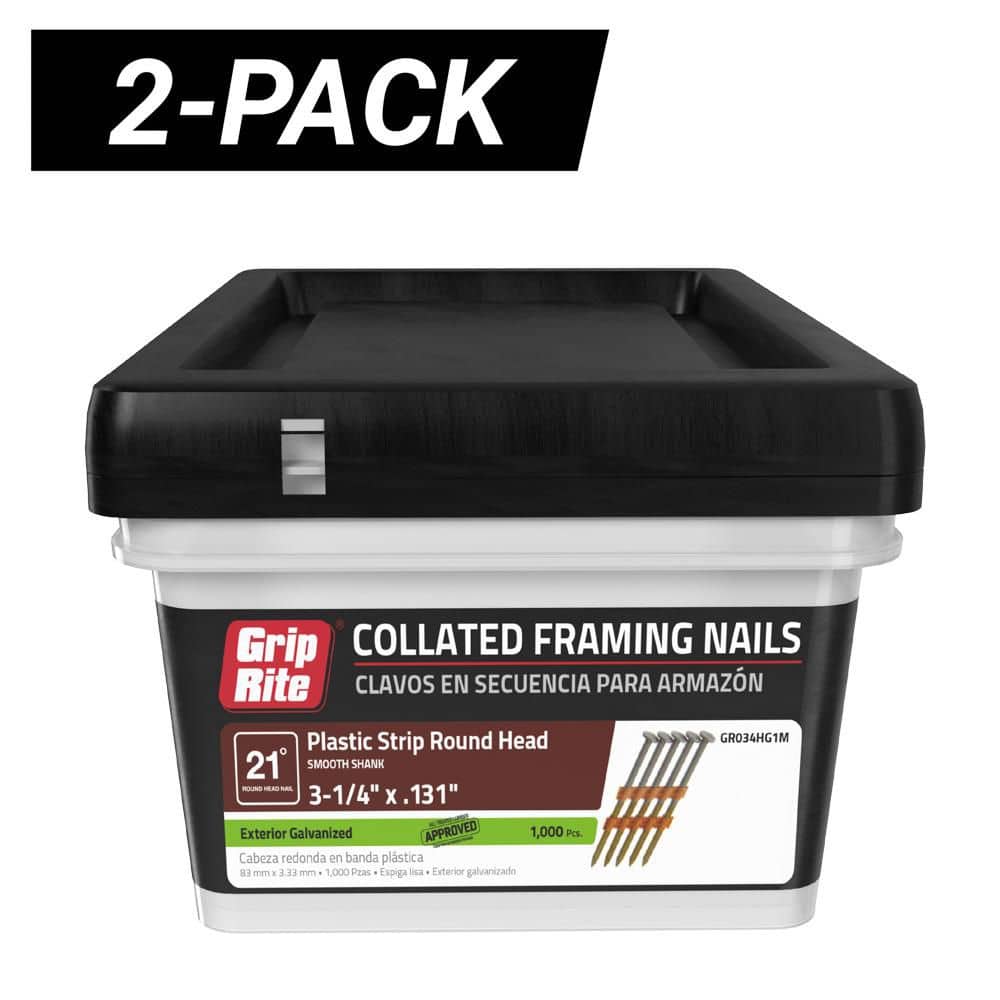 2-Pack 3-1/4 in. x 0.131 in. Gauge 21° Plastic Collated Exterior Galvanized Smooth Shank Framing Nails, 2000 count price history on PriceWatchPro