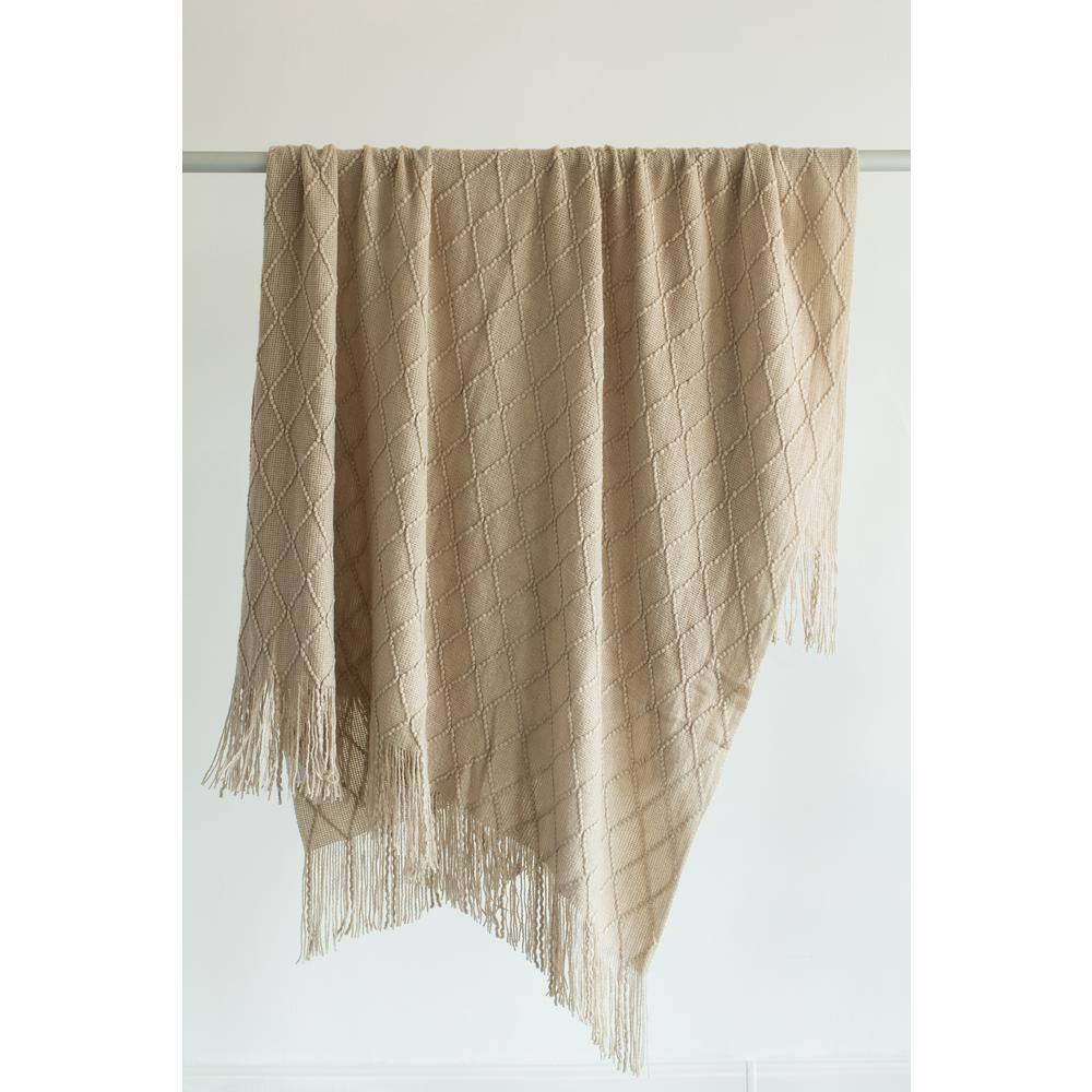 Khaki Knitted Throw Blanket Set with Fringe Edges, 50x60 in