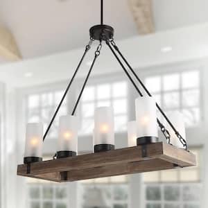 Wood Chandelier Farmhouse 8-Light Brown Linear Black Chandelier Island Pendant Light with Frosted Cylinder Glass Shades