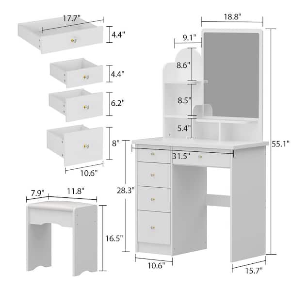 5-Drawers Wood Dresser Makeup Vanity Sets in White With Stool, Mirror (55.1 in. H x 31.5 in. W x 15.7 in. D)
