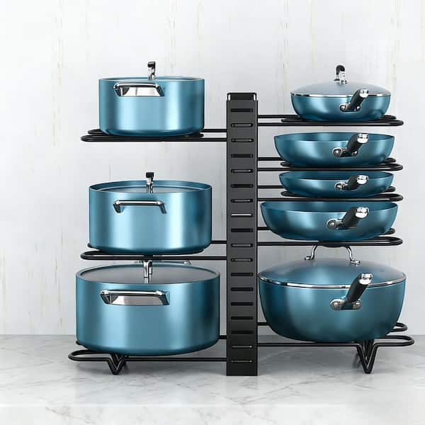 8-Tier Adjustable Pots and Pans Organizer with Expandable Height for Cabinet Kitchen Organization and Storage (1-Pack)
