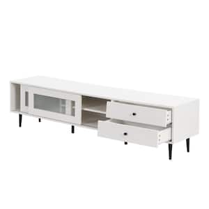 70 in. White TV Cabinet TV Stand Fits TVs up to 75 in. with Sliding Fluted Glass Doors and 2-Drawers