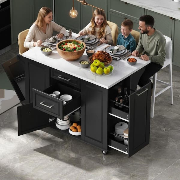 Runesay Classic Black Wood 50.7 in. Drop Leaf Kitchen Island with Storage Tilt Trash Can Cabinet and Pull Out Cabinet Organizer
