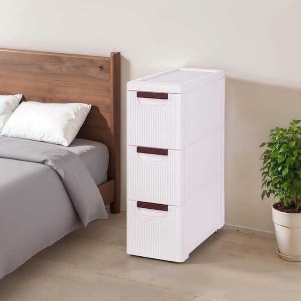 Narrow Bathroom Storage Cabinet with 3-Drawers, Slim Rolling Accent Storage Organizer with Wheels, White