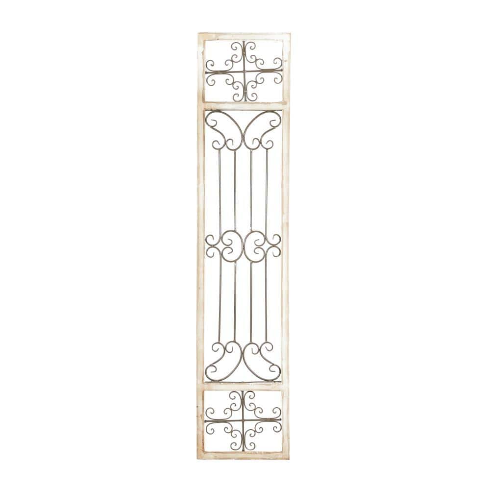 Cream Distressed Ornamental Panel Scroll Wall Sculpture with Bronze Metal Wire