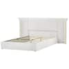 White upholstered bed frame with slatted headboard shown on a white background.