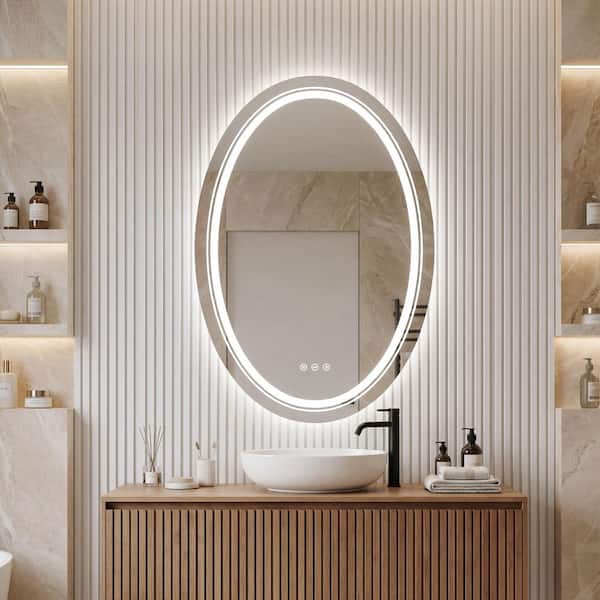 24 in. W x 36 in. H Oval Frameless Polished Wall Bathroom Vanity Mirror in Silver
