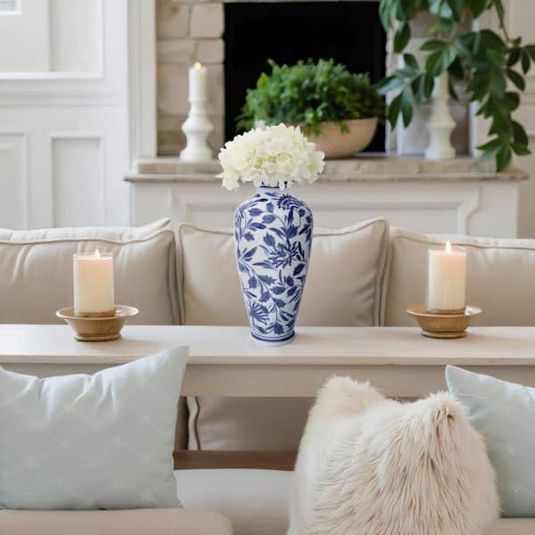 13 in. Blue White Ceramic Chinoiserie Bud Decorative Vase