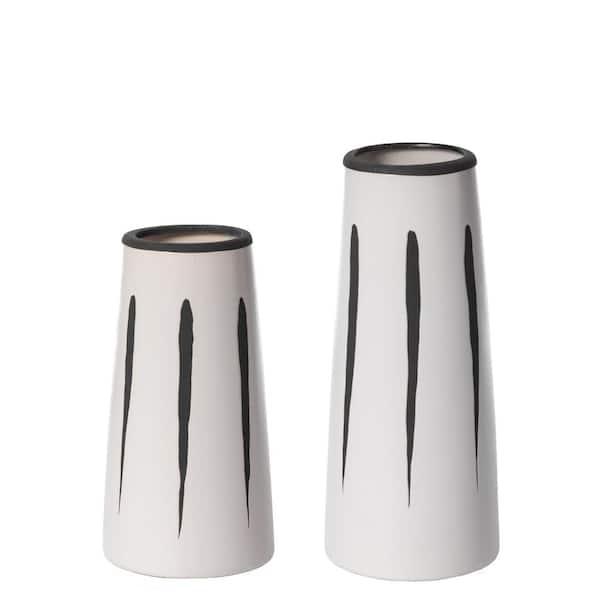 Set of 7" and 9.5" High Ceramic Modern Painted Brushstrokes Tapered Flower Table Vase, Black and White, Elegant Decor