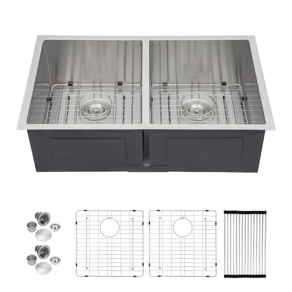 Logmey 33 in. Undermount Double Bowl 16 Gauge Brushed Stainless Steel Kitchen Sink with Drying Rack, Drain Assembly and Grid