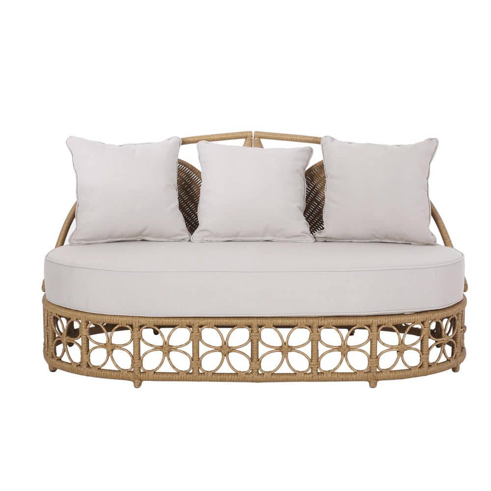 Light Brown Wicker Outdoor Day Bed Couch with Gray Cushions