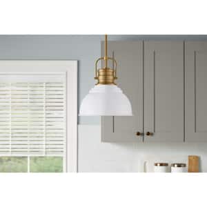 Shelston 10 in. 1-Light White and Brass Farmhouse Pendant Light Fixture with Metal Shade
