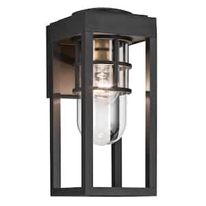 Hone 13 in. 1-Light Textured Black Industrial Outdoor Hardwired Wall Lantern Sconce with No Bulbs Included (1-Pack)