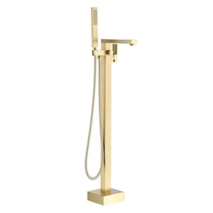 Freestanding Floor Mount Single Handle Bath Tub Filler Faucet with Handheld Shower in Brushed Gold
