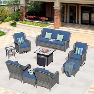 Oreille Gray 9-Piece Wicker Outdoor Firepit Patio Conversation Sofa Set with Swivel Rockers and Denim Blue Cushions