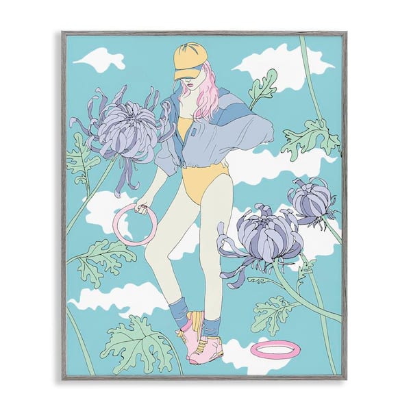 Stupell Industries Exercise Girl with Clouds by Melissa Wang Gray Framed People Giclee Art Print 14 in. x 11 in.
