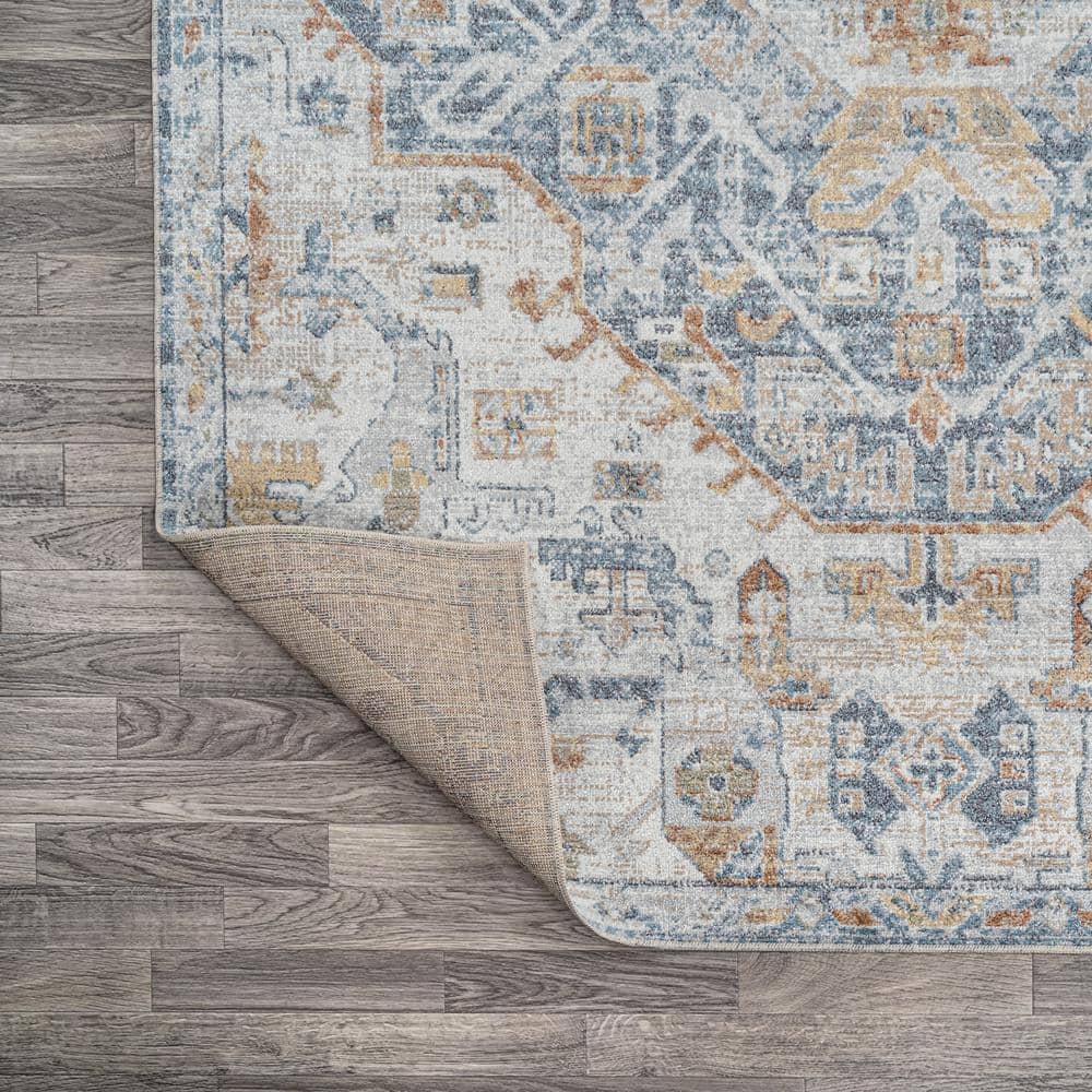 Cream and Blue Medallion Washable Synthetic Area Rug 3' x 5'