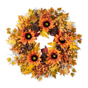 24 in. D Unlit Fall Sunflower, Maple Leaf and Berry Wreath