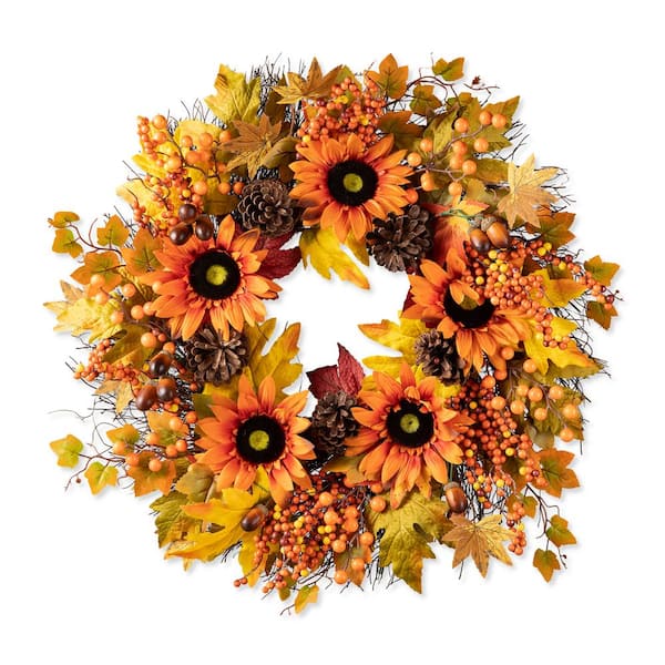 Glitzhome 24 in. D Unlit Fall Sunflower, Maple Leaf and Berry Wreath