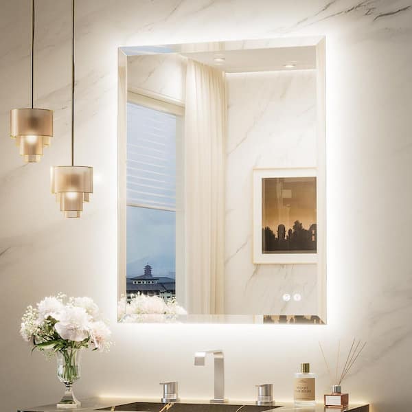 28 in. W x 36 in. H Rectangular Beveled Edge Frameless LED Dimmable Anti-Fog Wall Bathroom Vanity Mirror with Backlit