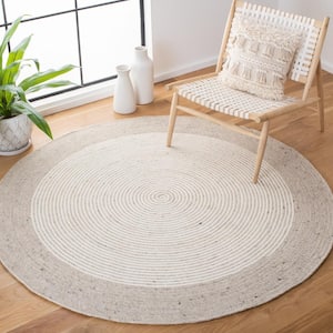 Braided Beige Ivory 4 ft. x 4 ft. Border Striped Round Area Rug