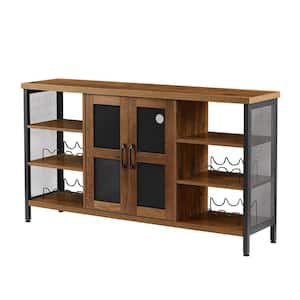 Oak and Black Rustic Wood Wine Bar Cabinet for Liquor and Glasses, Double Sideboard and Buffet Cabinet, Wine Rack Table
