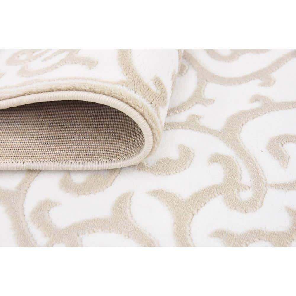 Snow White and Beige Floral Synthetic Runner Rug