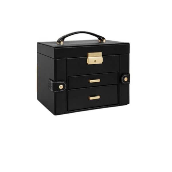 Leather Jewelry Box with Mirror and Lock 3-Tier 2-Drawer PU