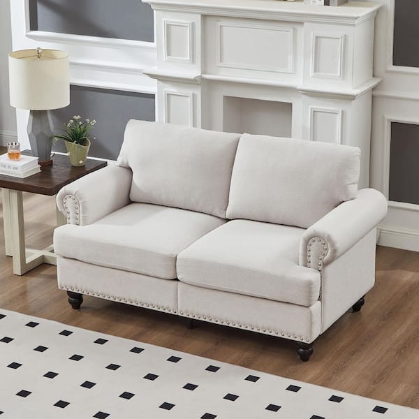 Ulverra Modern 59.5 in. Rolled Arm Nailheads Polyester Fabric Upholstered Loveseat 2-Seats Storage Sofa, Beige